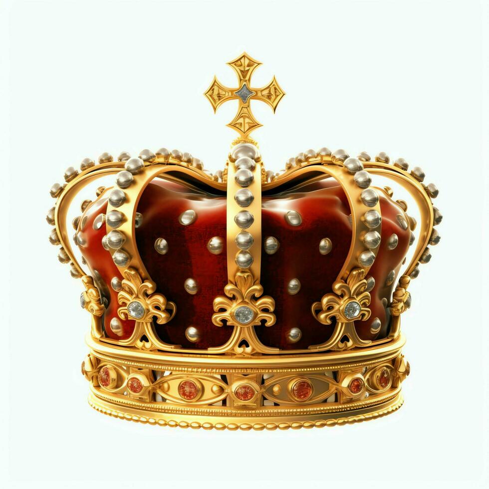 Regal golden emperor crown of a king on white background. 3D rendering luxury royal king gold crown concept by AI Generated photo