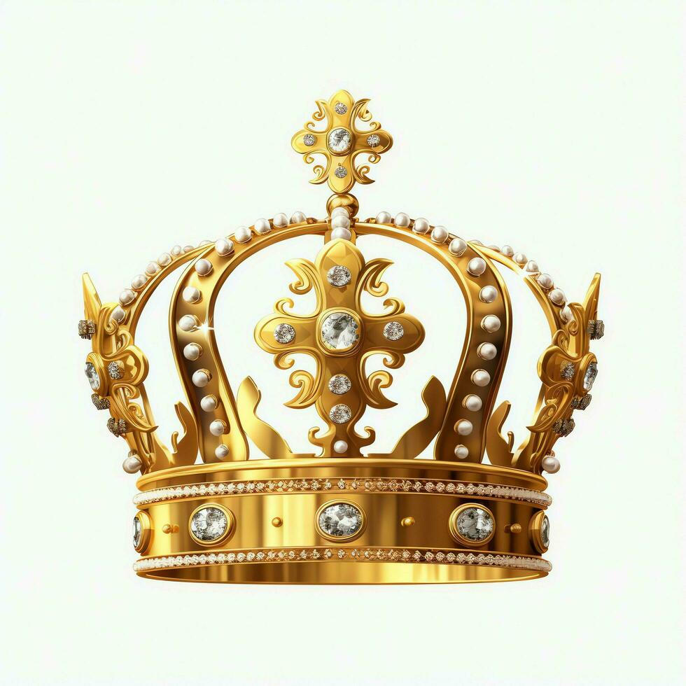 Regal golden emperor crown of a king on white background. 3D rendering luxury royal king gold crown concept by AI Generated photo