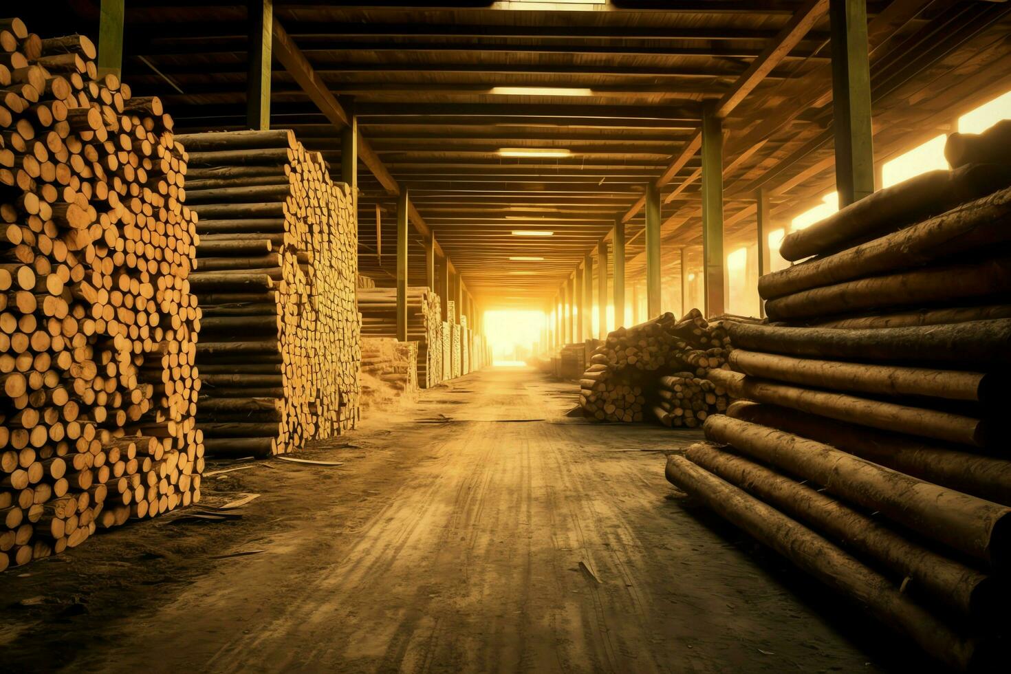 Wooden plank or board in the lumber mill industry. Stack of logs and wood in the sawmill production concept by AI Generated photo