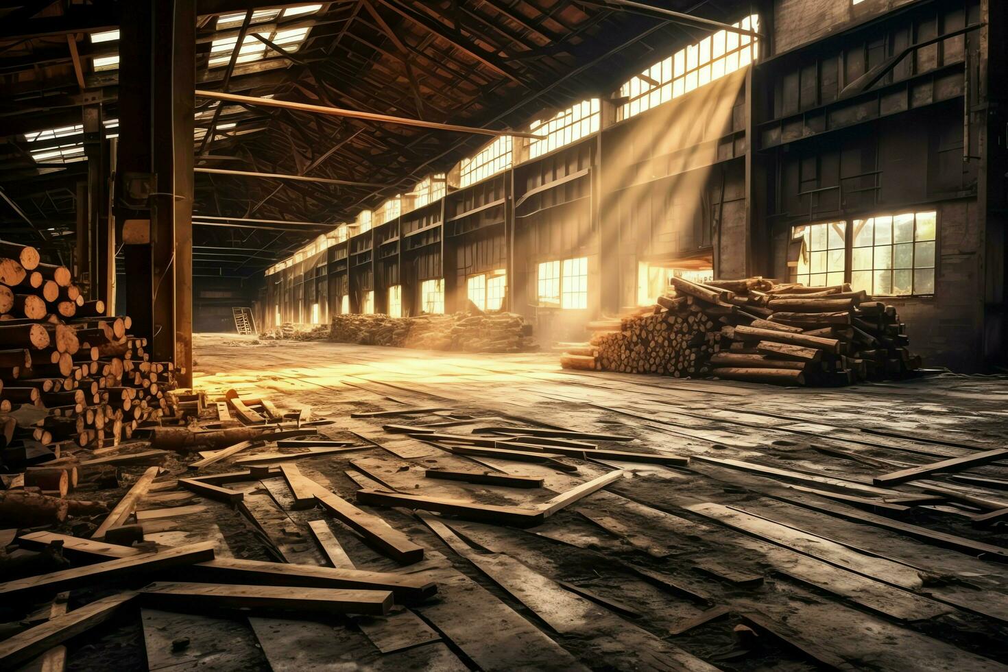 Wooden plank or board in the lumber mill industry. Stack of logs and wood in the sawmill production concept by AI Generated photo