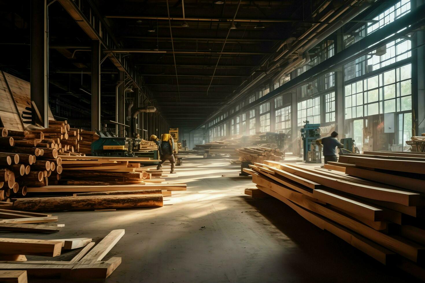 de madera tablón o tablero en el Tablas de madera molino industria. apilar de registros y madera en el aserradero producción concepto por ai generado foto