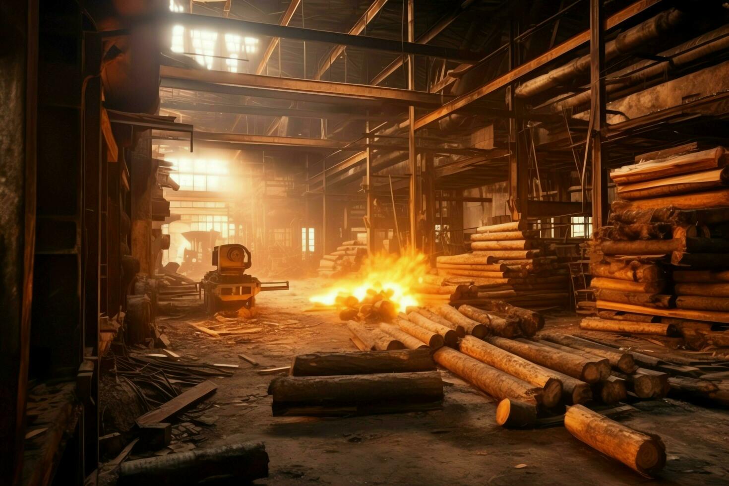 Wooden plank or board in the lumber mill industry. Stack of logs and wood in the sawmill production concept by AI Generated photo