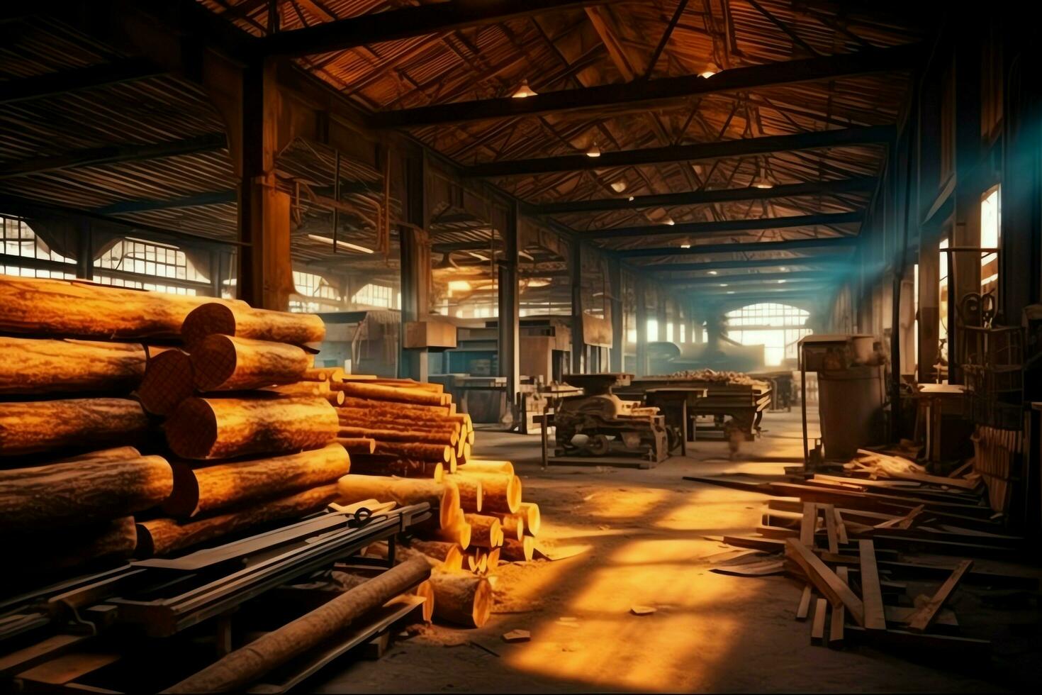 de madera tablón o tablero en el Tablas de madera molino industria. apilar de registros y madera en el aserradero producción concepto por ai generado foto