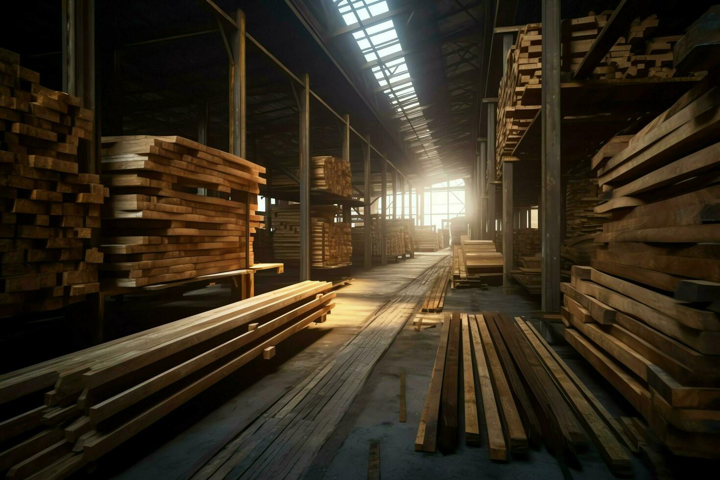 Wooden plank or board in the lumber mill industry. Stack of logs and wood in the sawmill production concept by AI Generated photo