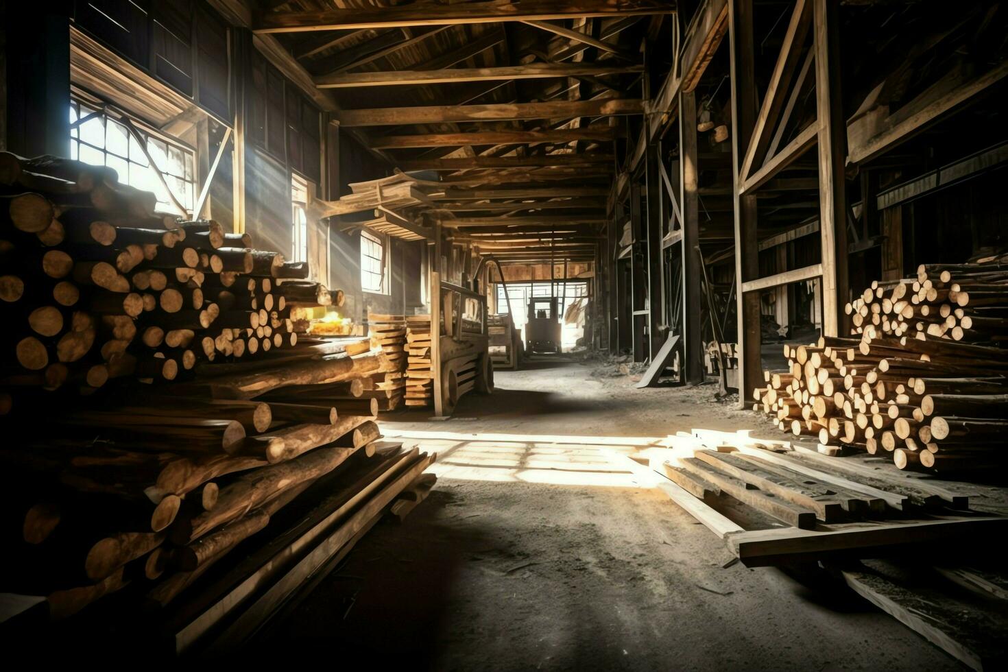 de madera tablón o tablero en el Tablas de madera molino industria. apilar de registros y madera en el aserradero producción concepto por ai generado foto