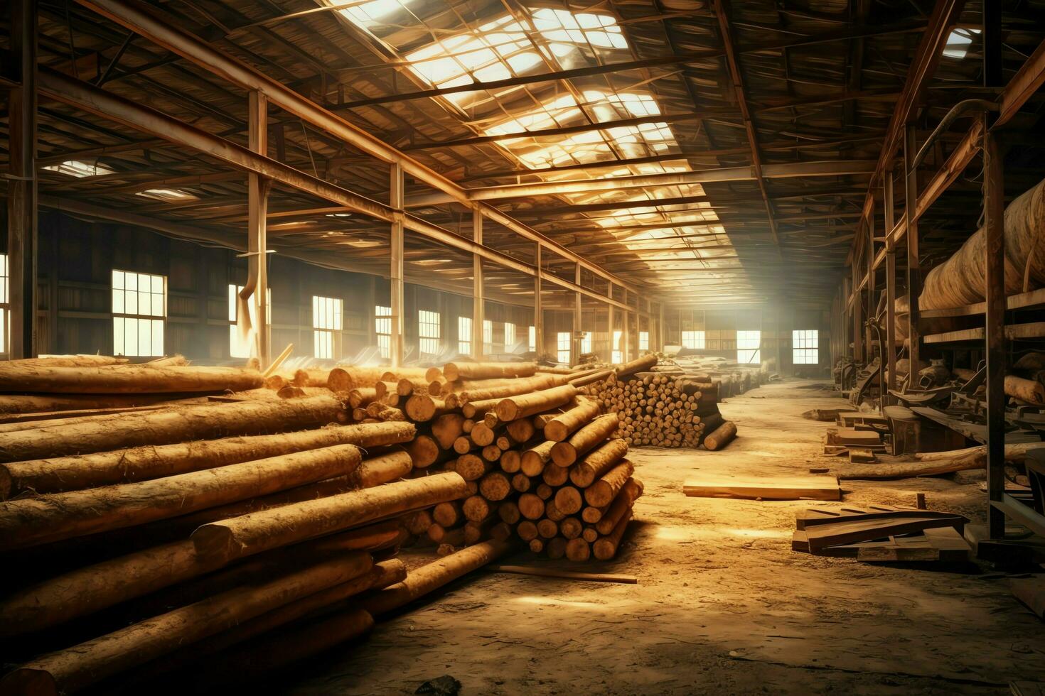 Wooden plank or board in the lumber mill industry. Stack of logs and wood in the sawmill production concept by AI Generated photo