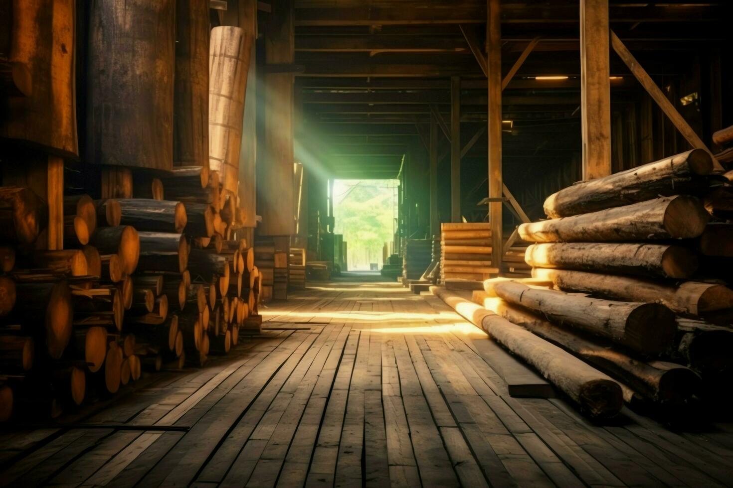 Wooden plank or board in the lumber mill industry. Stack of logs and wood in the sawmill production concept by AI Generated photo