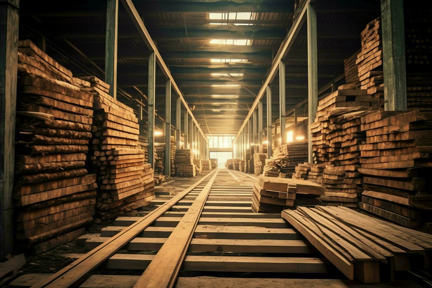 Wooden plank or board in the lumber mill industry. Stack of logs and wood in the sawmill production concept by AI Generated photo