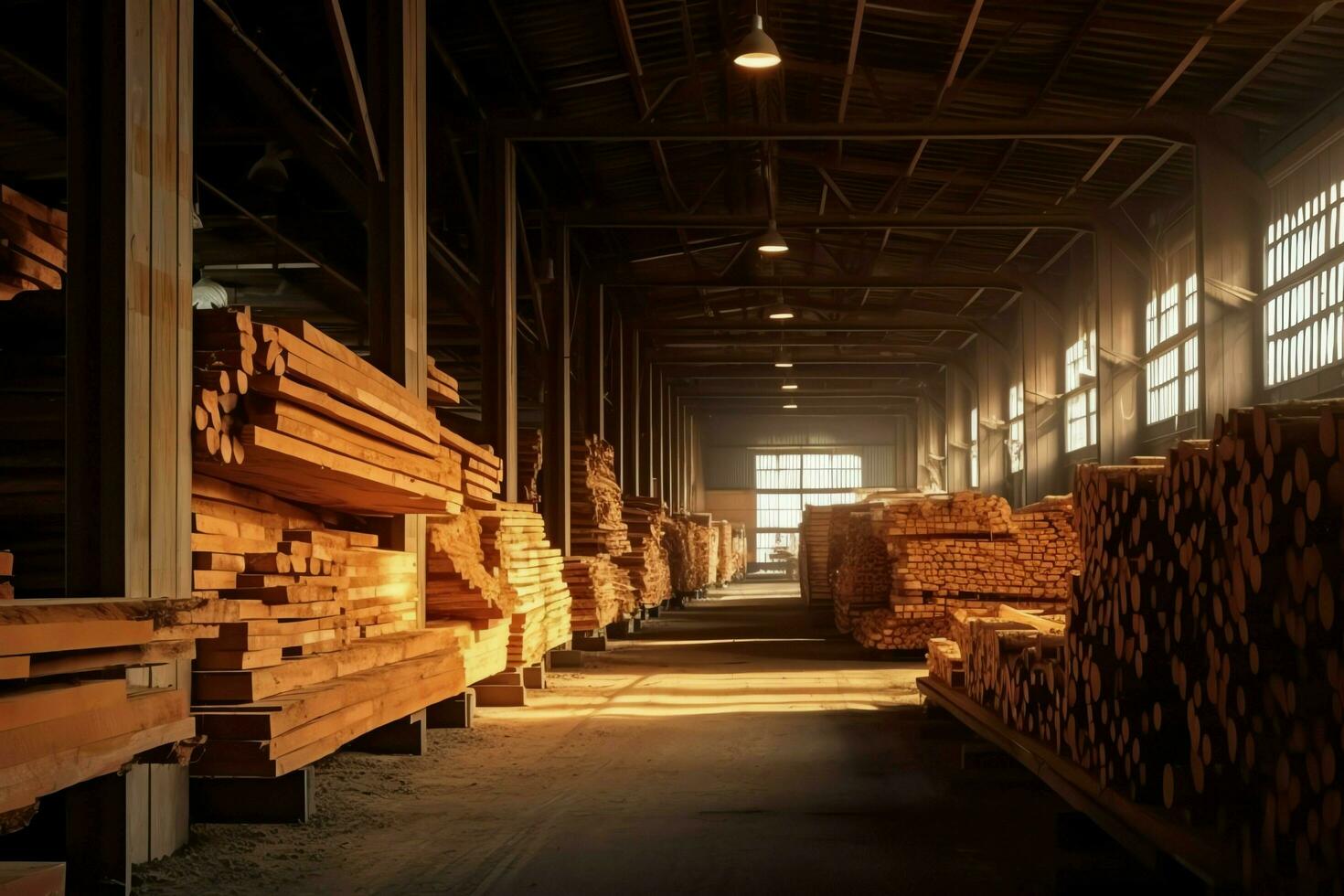 Wooden plank or board in the lumber mill industry. Stack of logs and wood in the sawmill production concept by AI Generated photo