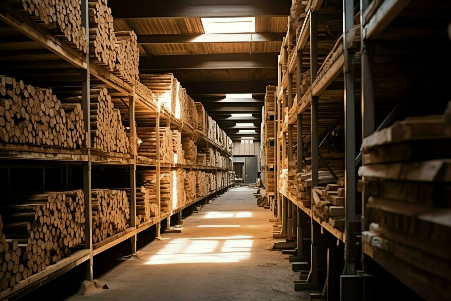 de madera tablón o tablero en el Tablas de madera molino industria. apilar de registros y madera en el aserradero producción concepto por ai generado foto