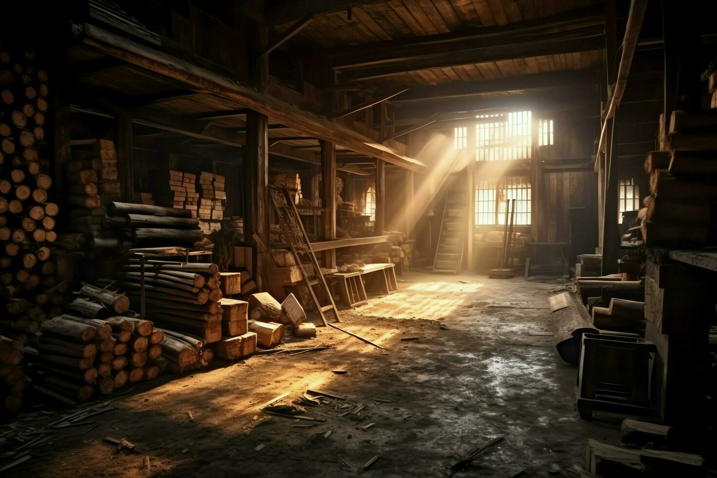 Wooden plank or board in the lumber mill industry. Stack of logs and wood in the sawmill production concept by AI Generated photo