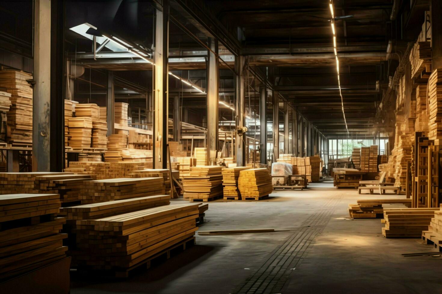 Wooden plank or board in the lumber mill industry. Stack of logs and wood in the sawmill production concept by AI Generated photo