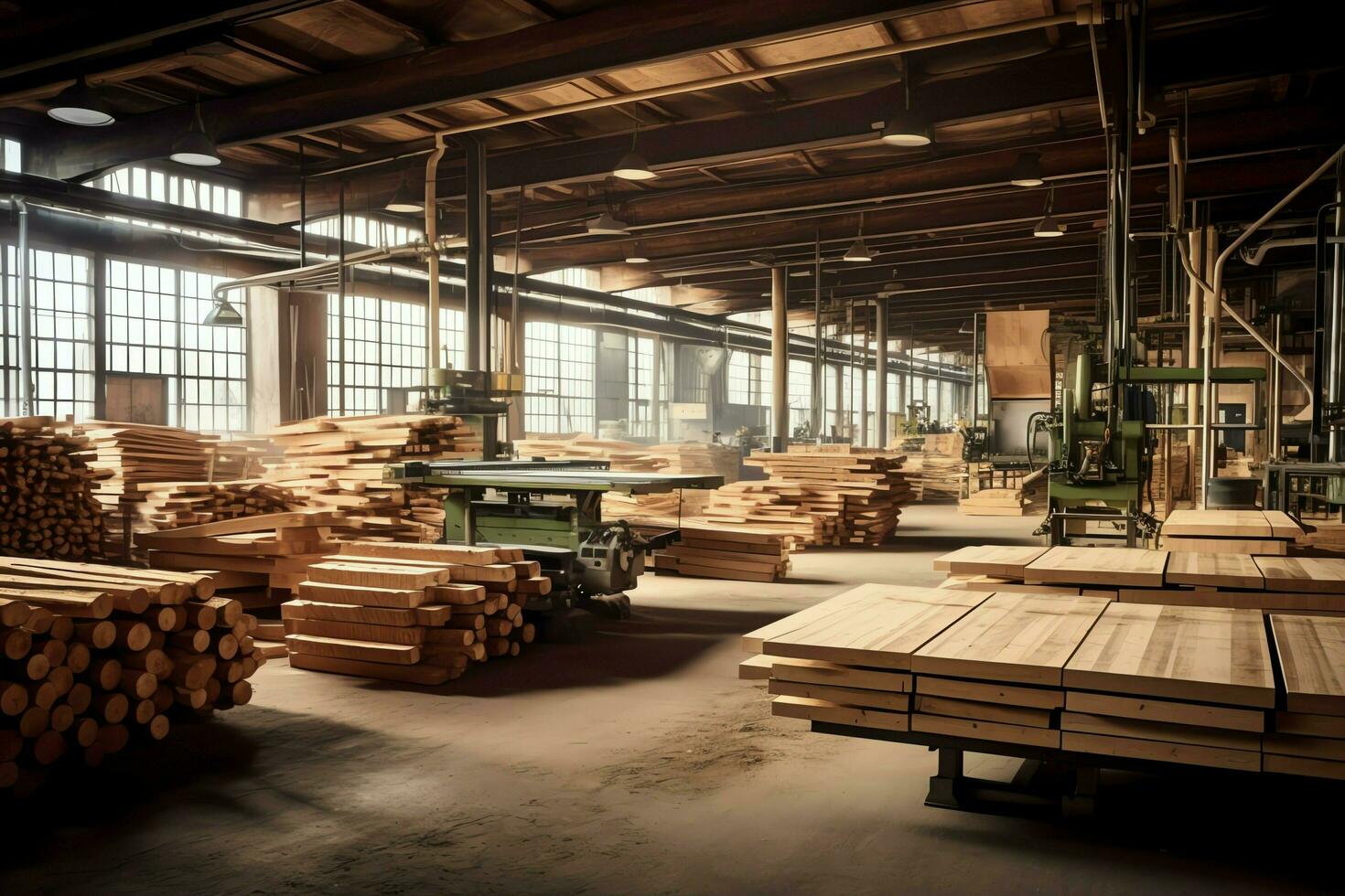 de madera tablón o tablero en el Tablas de madera molino industria. apilar de registros y madera en el aserradero producción concepto por ai generado foto