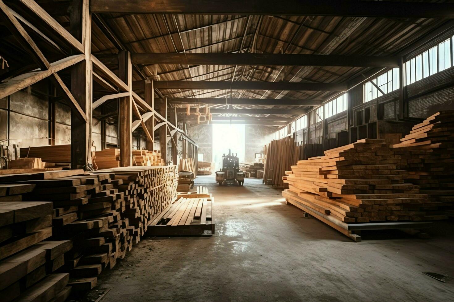 Wooden plank or board in the lumber mill industry. Stack of logs and wood in the sawmill production concept by AI Generated photo