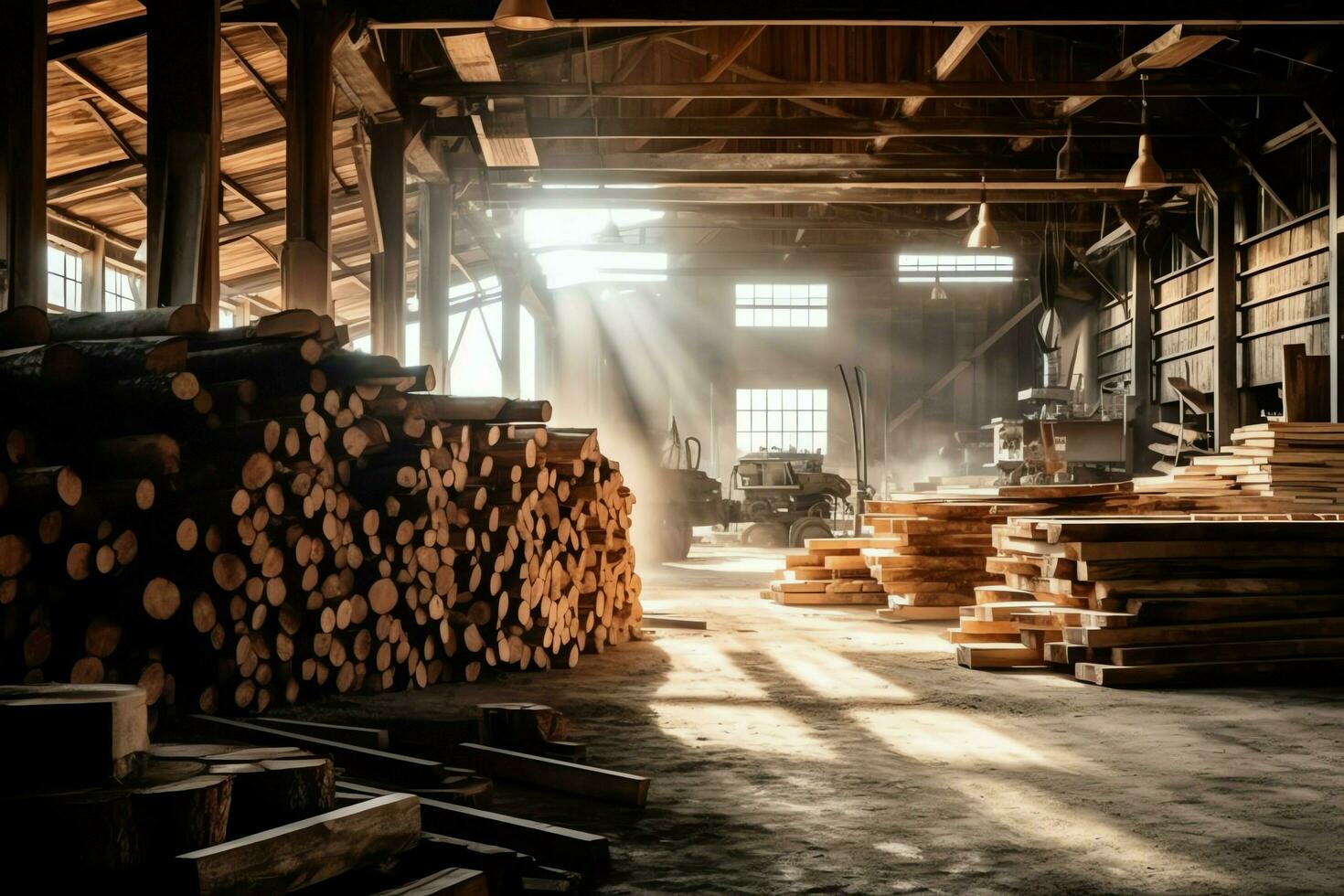 Wooden plank or board in the lumber mill industry. Stack of logs and wood in the sawmill production concept by AI Generated photo