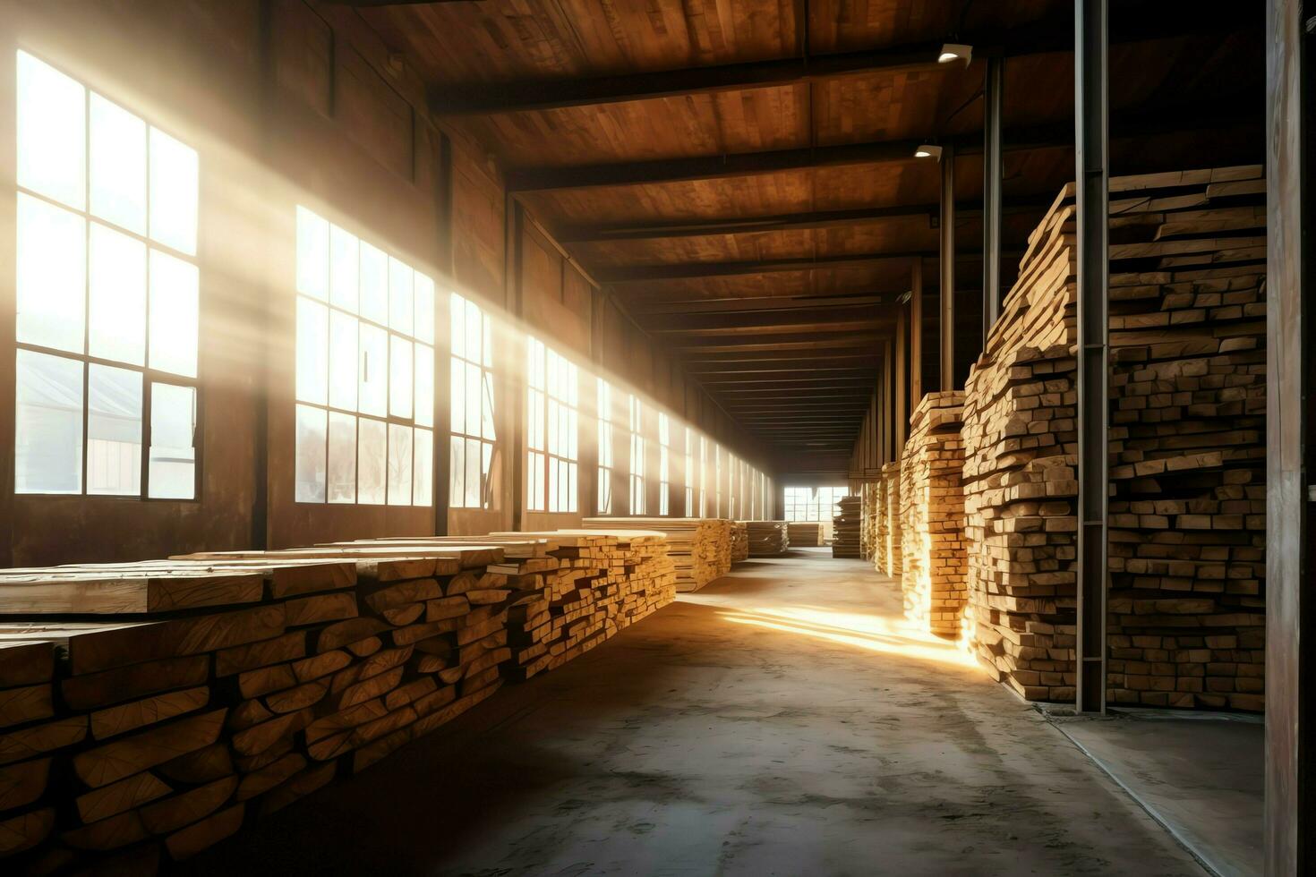 Wooden plank or board in the lumber mill industry. Stack of logs and wood in the sawmill production concept by AI Generated photo