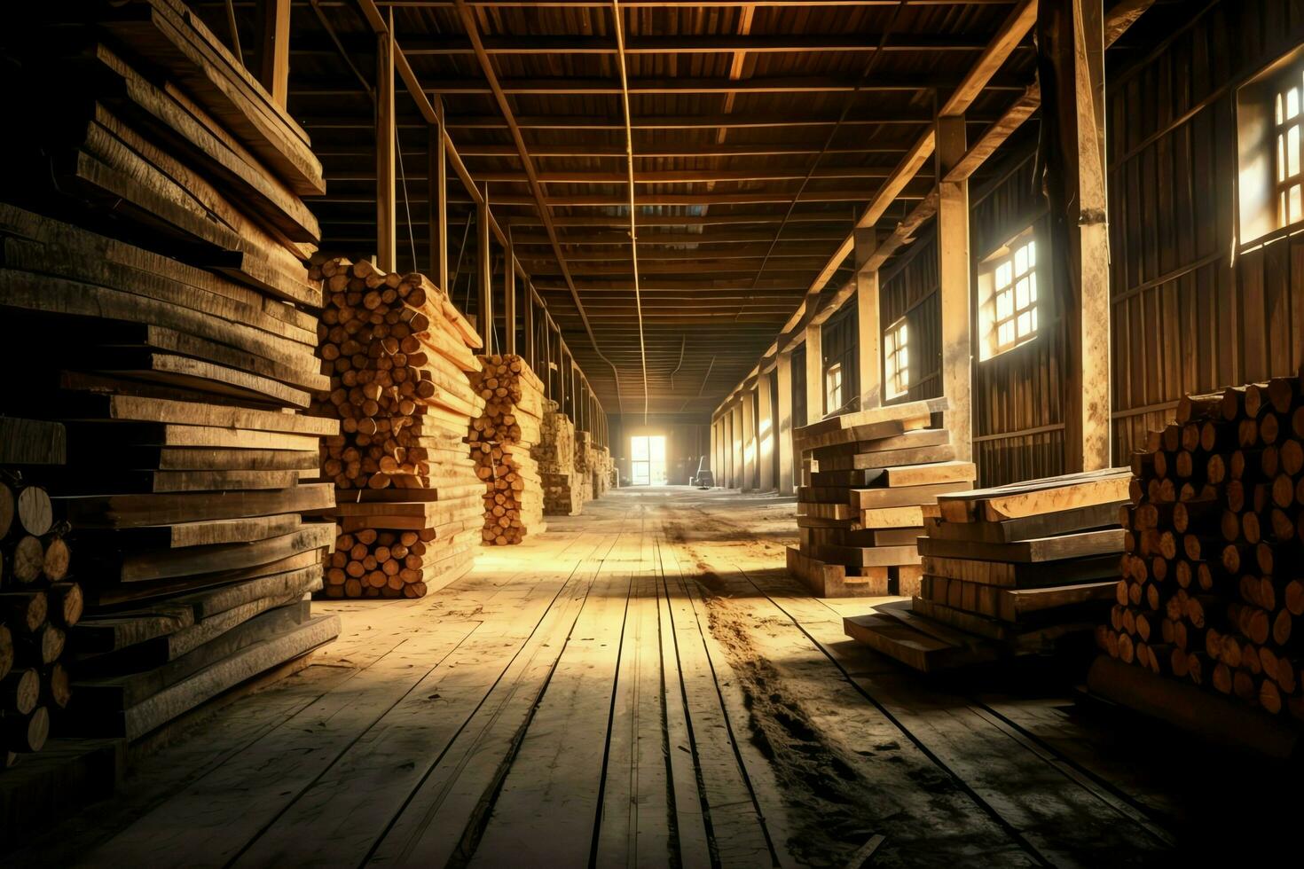 de madera tablón o tablero en el Tablas de madera molino industria. apilar de registros y madera en el aserradero producción concepto por ai generado foto