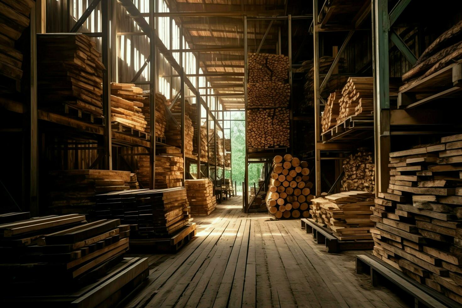 Wooden plank or board in the lumber mill industry. Stack of logs and wood in the sawmill production concept by AI Generated photo