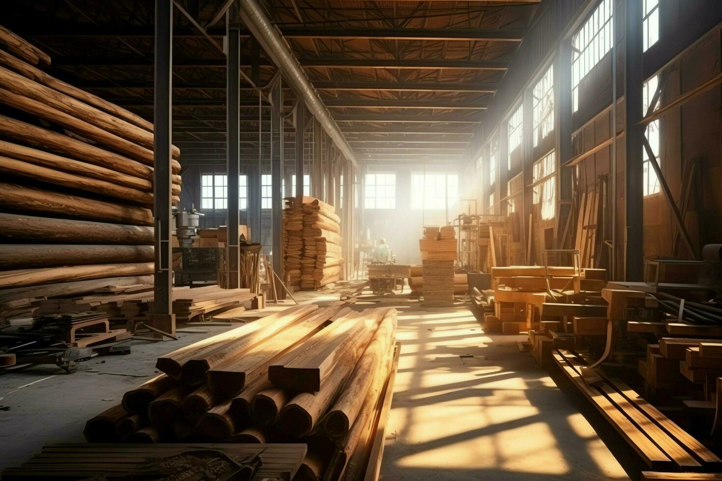 Wooden plank or board in the lumber mill industry. Stack of logs and wood in the sawmill production concept by AI Generated photo