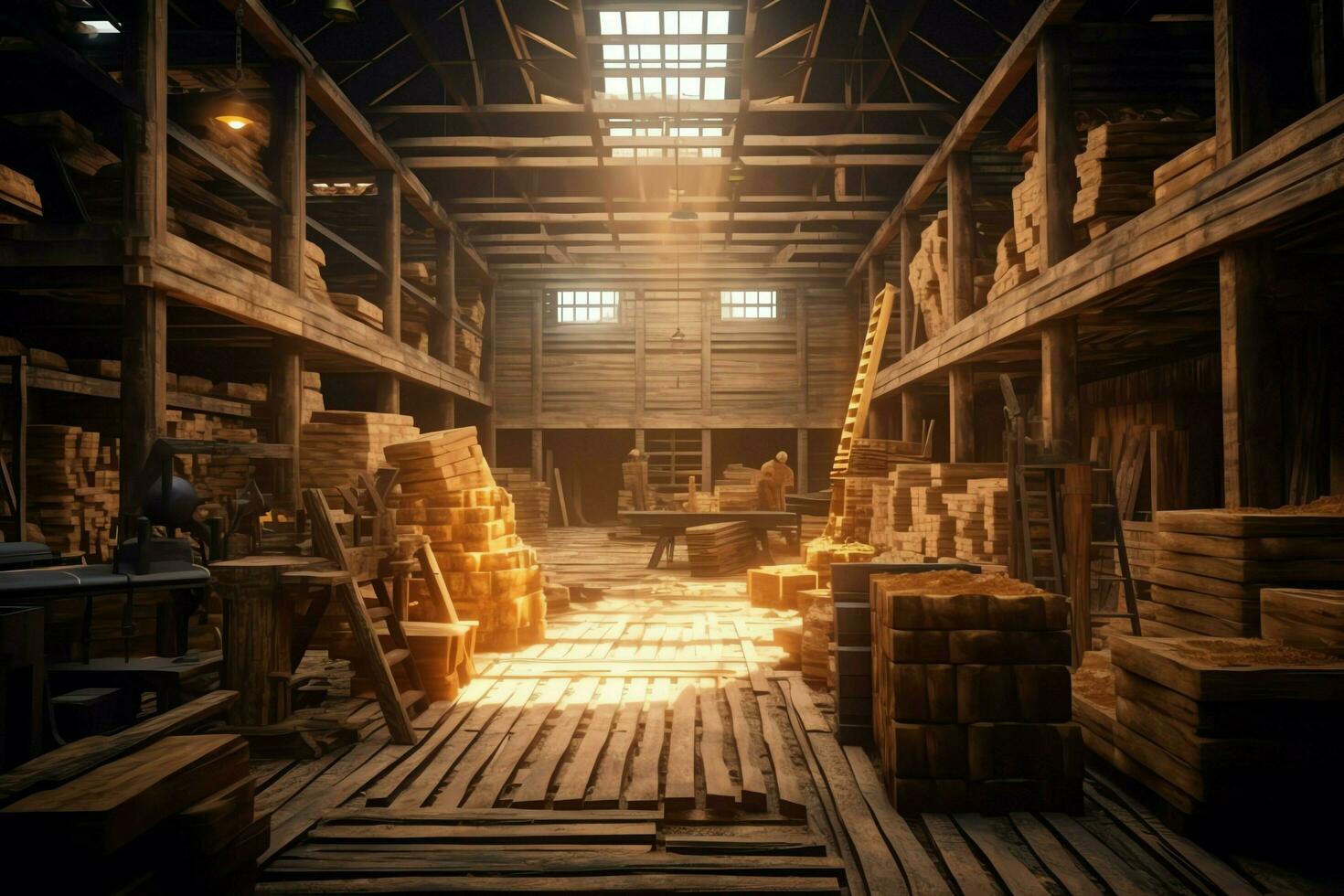 Wooden plank or board in the lumber mill industry. Stack of logs and wood in the sawmill production concept by AI Generated photo