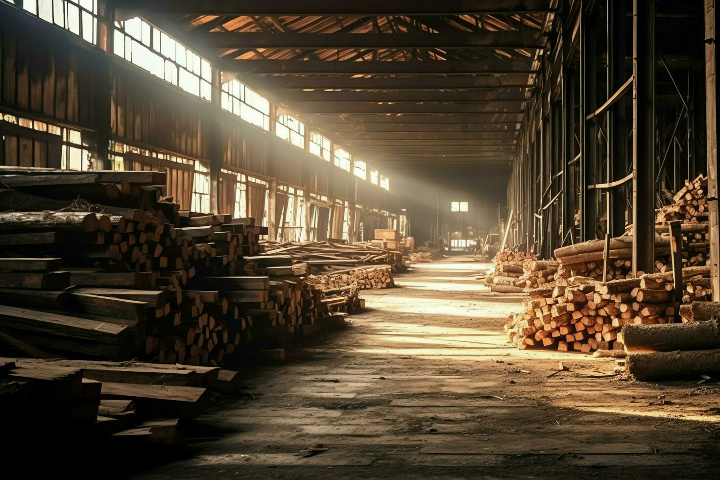 Wooden plank or board in the lumber mill industry. Stack of logs and wood in the sawmill production concept by AI Generated photo