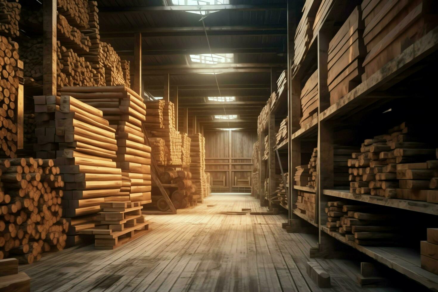 Wooden plank or board in the lumber mill industry. Stack of logs and wood in the sawmill production concept by AI Generated photo