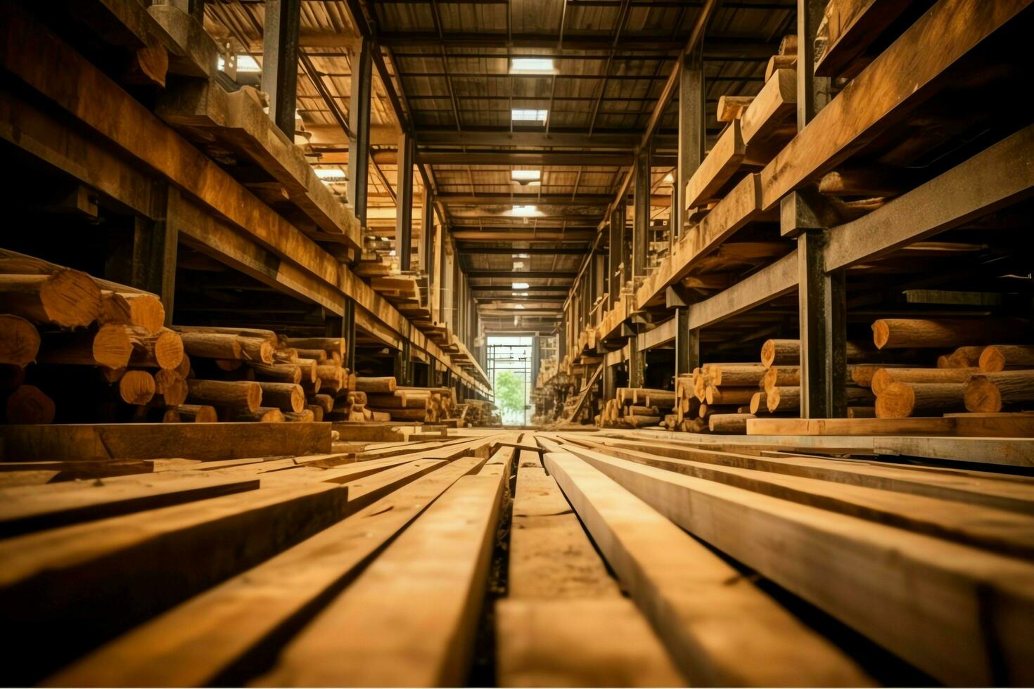 Wooden plank or board in the lumber mill industry. Stack of logs and wood in the sawmill production concept by AI Generated photo