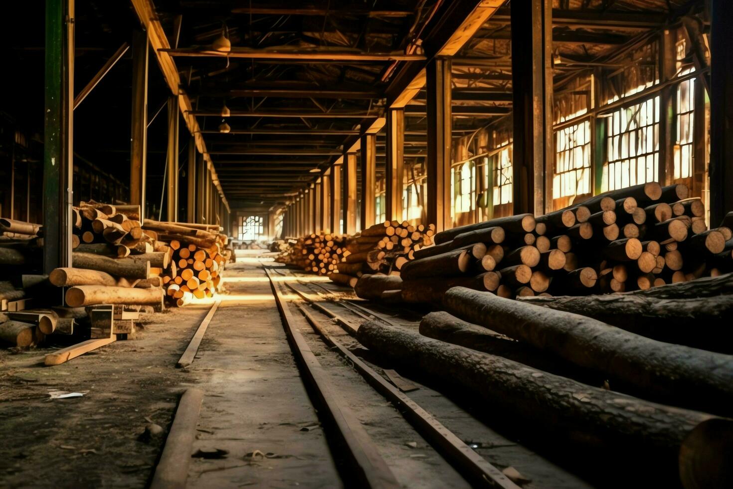 Wooden plank or board in the lumber mill industry. Stack of logs and wood in the sawmill production concept by AI Generated photo