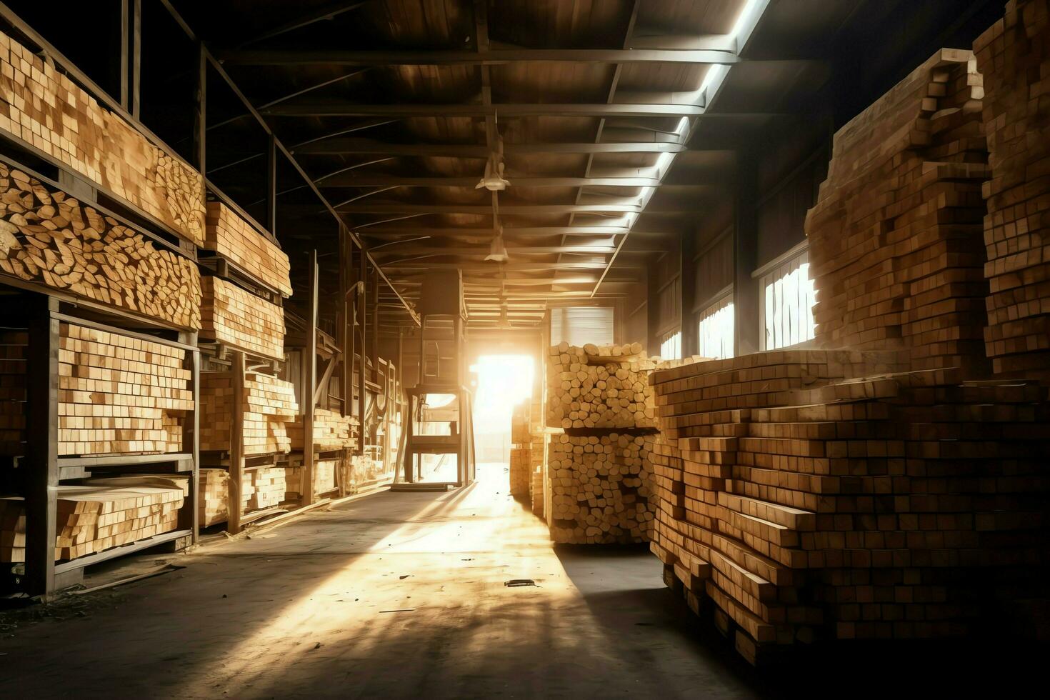 Wooden plank or board in the lumber mill industry. Stack of logs and wood in the sawmill production concept by AI Generated photo