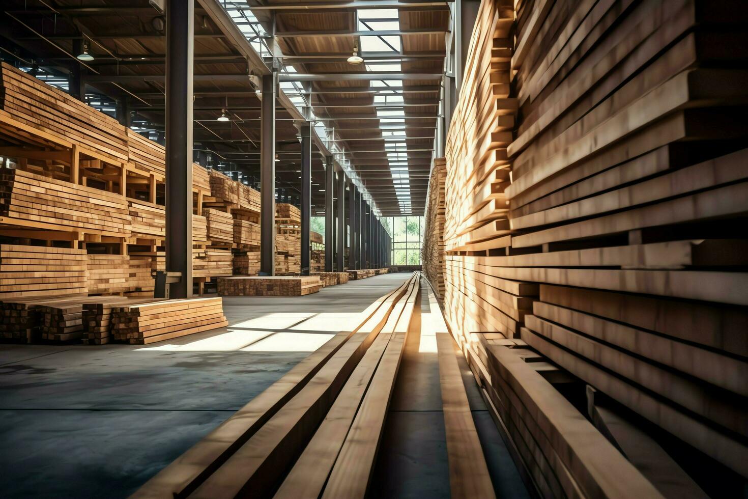 Wooden plank or board in the lumber mill industry. Stack of logs and wood in the sawmill production concept by AI Generated photo