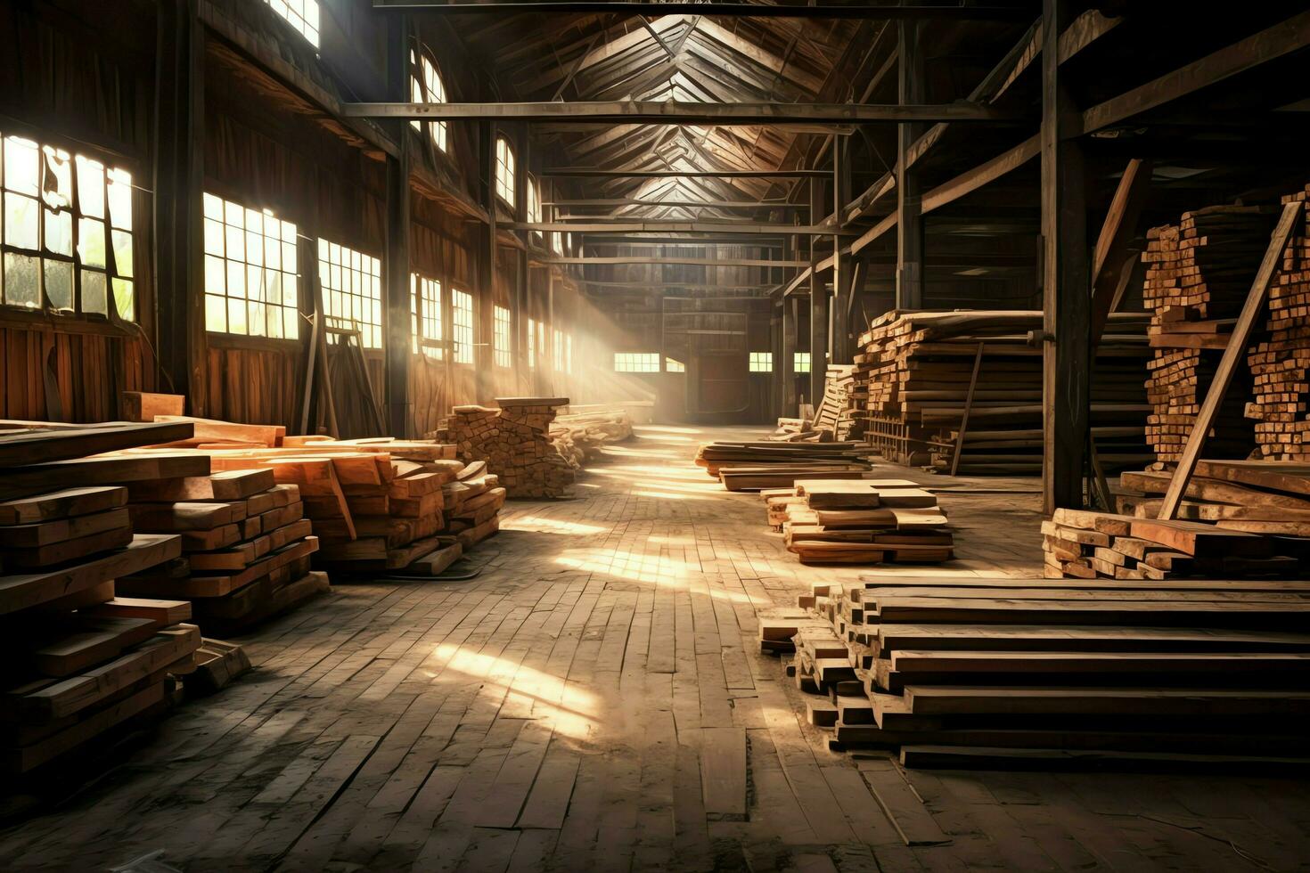 Wooden plank or board in the lumber mill industry. Stack of logs and wood in the sawmill production concept by AI Generated photo
