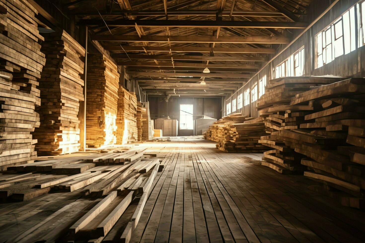 Wooden plank or board in the lumber mill industry. Stack of logs and wood in the sawmill production concept by AI Generated photo
