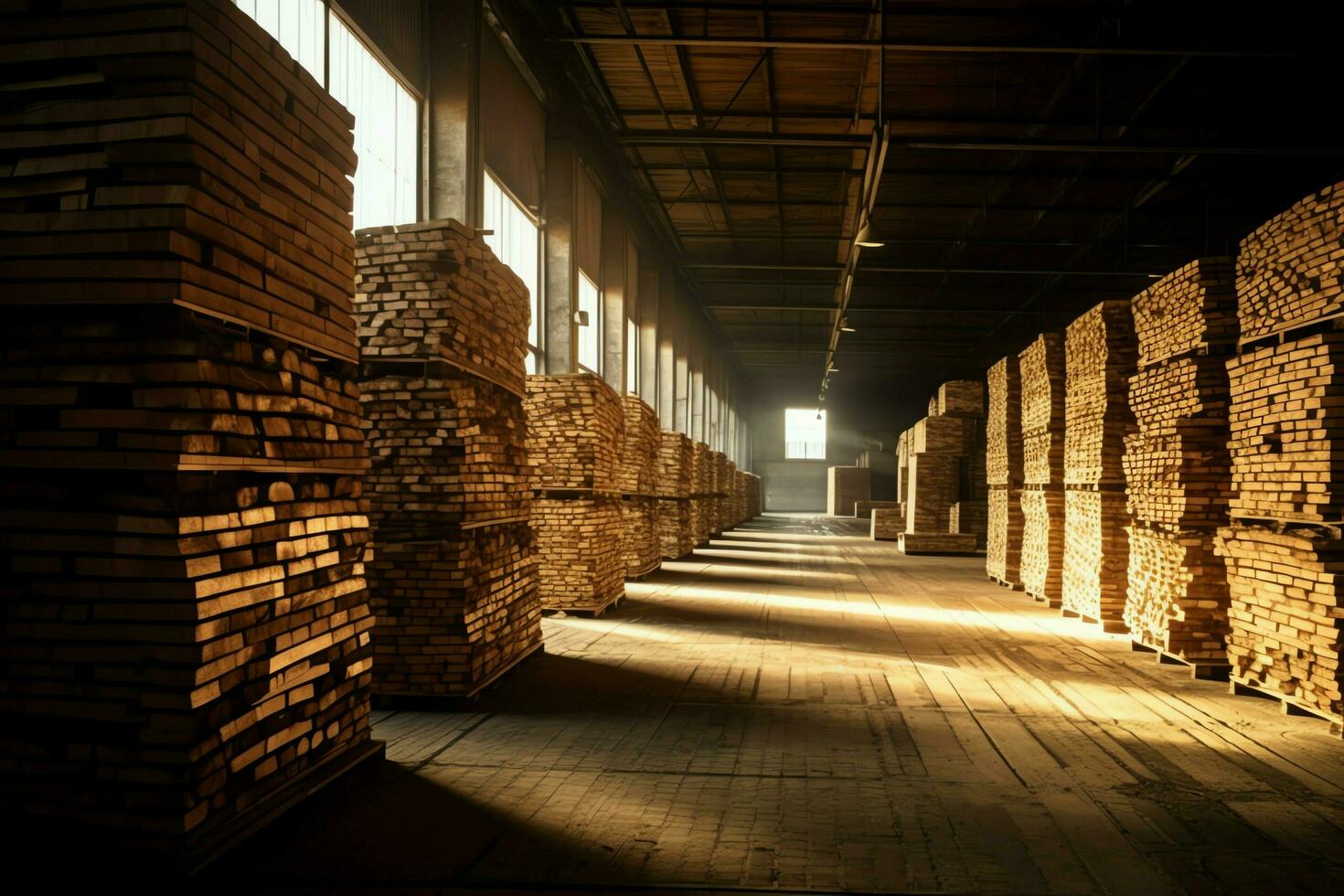 Wooden plank or board in the lumber mill industry. Stack of logs and wood in the sawmill production concept by AI Generated photo