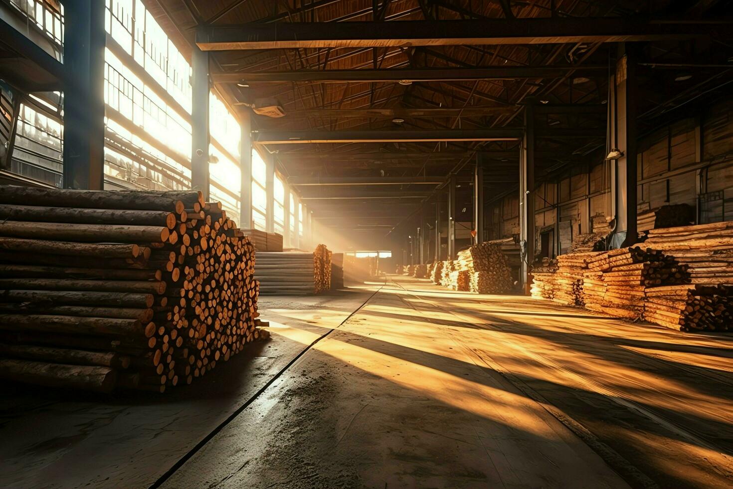 de madera tablón o tablero en el Tablas de madera molino industria. apilar de registros y madera en el aserradero producción concepto por ai generado foto