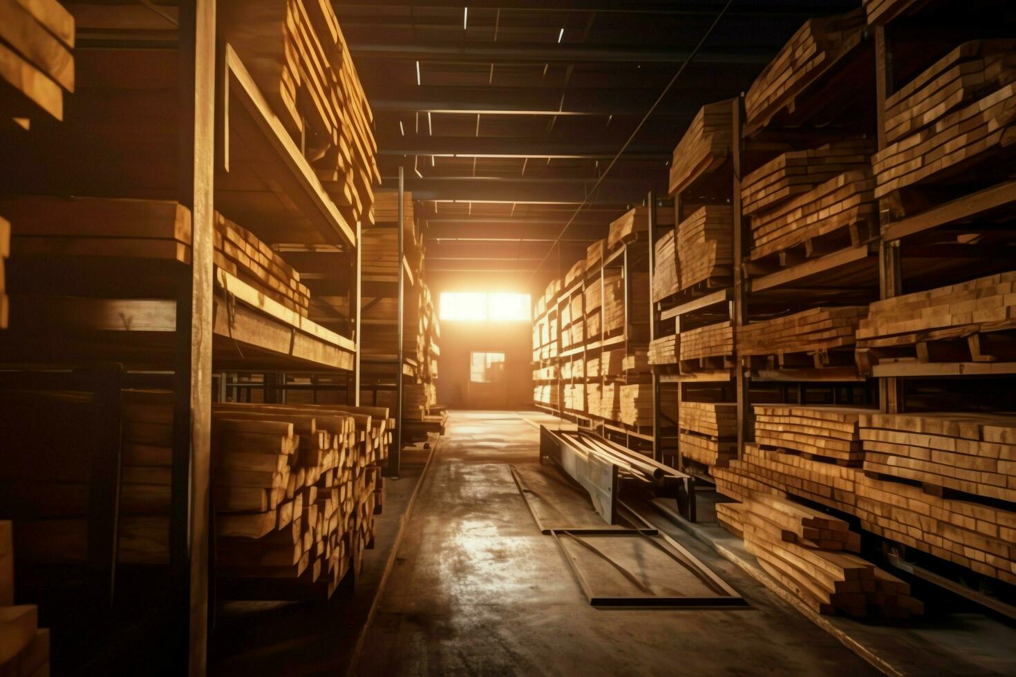 Wooden plank or board in the lumber mill industry. Stack of logs and wood in the sawmill production concept by AI Generated photo