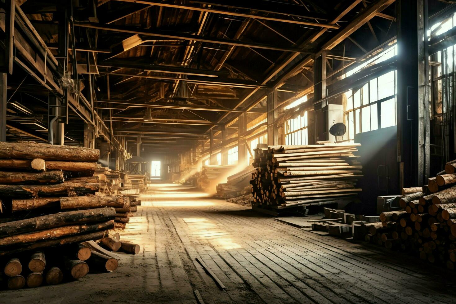 Wooden plank or board in the lumber mill industry. Stack of logs and wood in the sawmill production concept by AI Generated photo