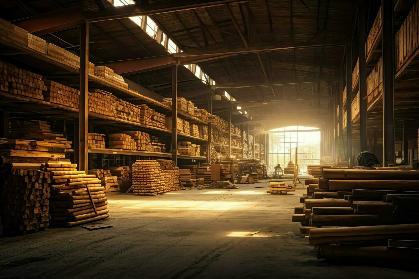 de madera tablón o tablero en el Tablas de madera molino industria. apilar de registros y madera en el aserradero producción concepto por ai generado foto