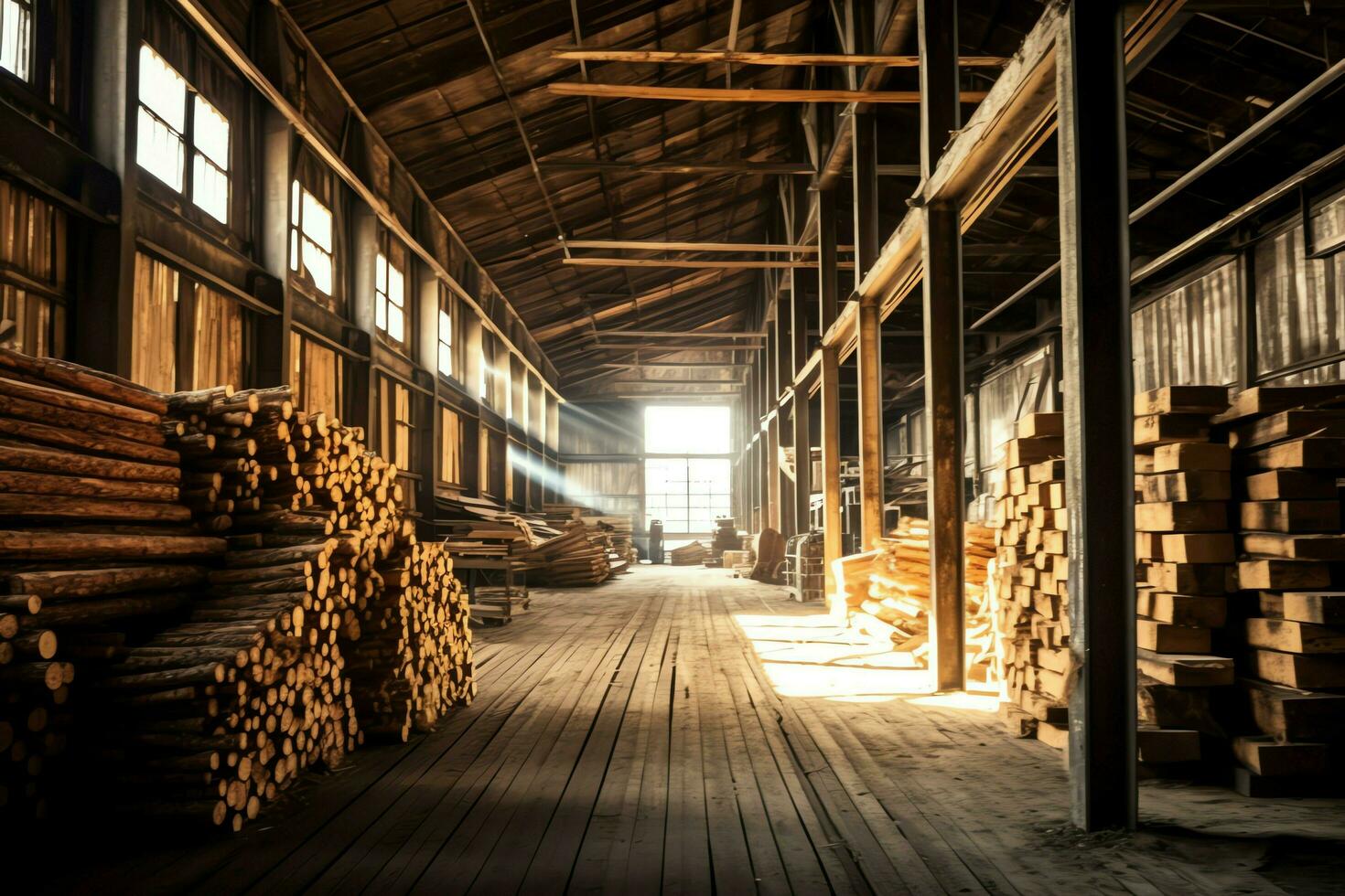 Wooden plank or board in the lumber mill industry. Stack of logs and wood in the sawmill production concept by AI Generated photo