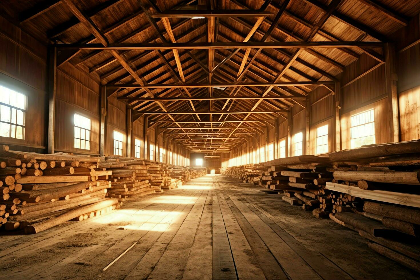 de madera tablón o tablero en el Tablas de madera molino industria. apilar de registros y madera en el aserradero producción concepto por ai generado foto