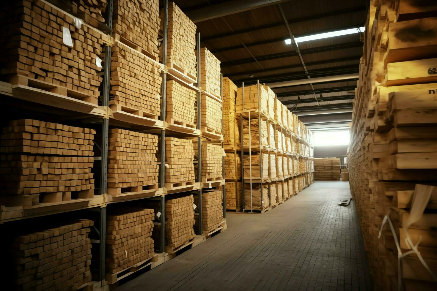 Wooden plank or board in the lumber mill industry. Stack of logs and wood in the sawmill production concept by AI Generated photo