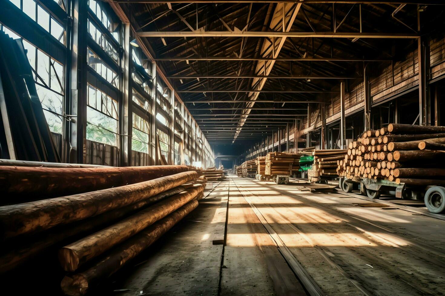 de madera tablón o tablero en el Tablas de madera molino industria. apilar de registros y madera en el aserradero producción concepto por ai generado foto