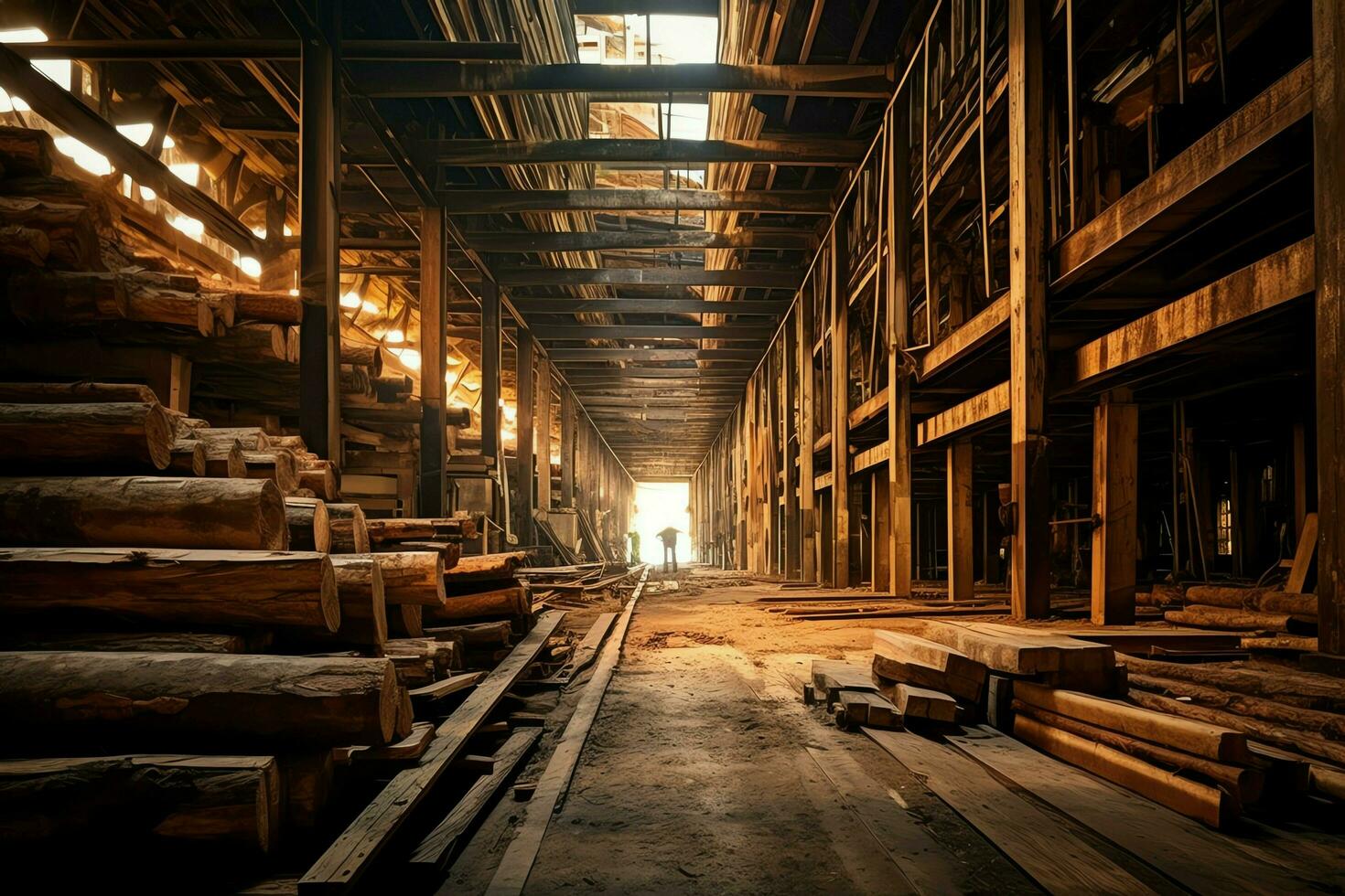 Wooden plank or board in the lumber mill industry. Stack of logs and wood in the sawmill production concept by AI Generated photo