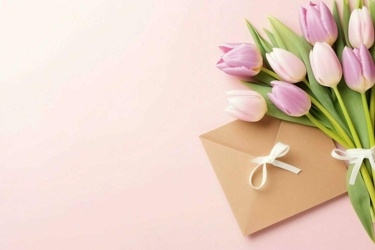 Decorative of tulips flowers bouquet or wrapped gift box. For mothers day or valentine with copyspace concept by AI Generated photo