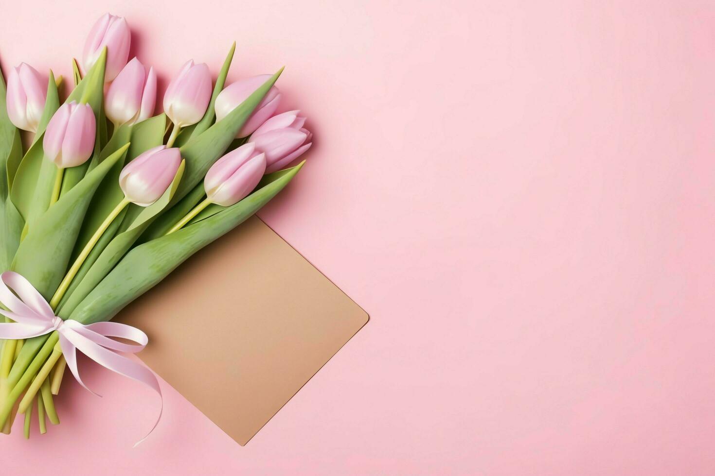 Decorative of tulips flowers bouquet or wrapped gift box. For mothers day or valentine with copyspace concept by AI Generated photo