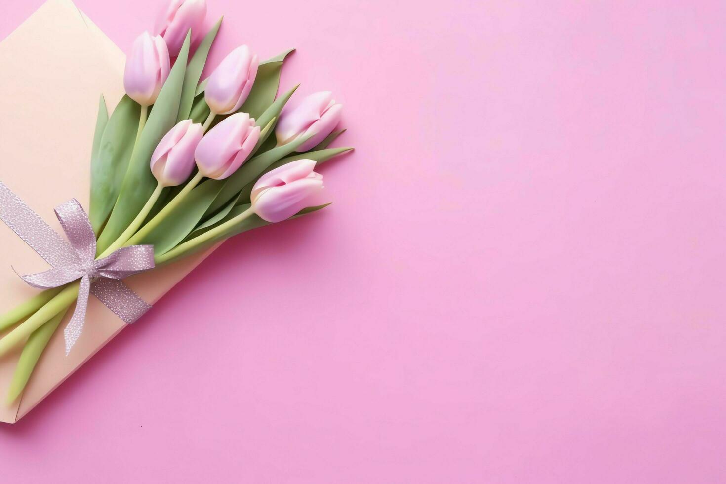 Decorative of tulips flowers bouquet or wrapped gift box. For mothers day or valentine with copyspace concept by AI Generated photo
