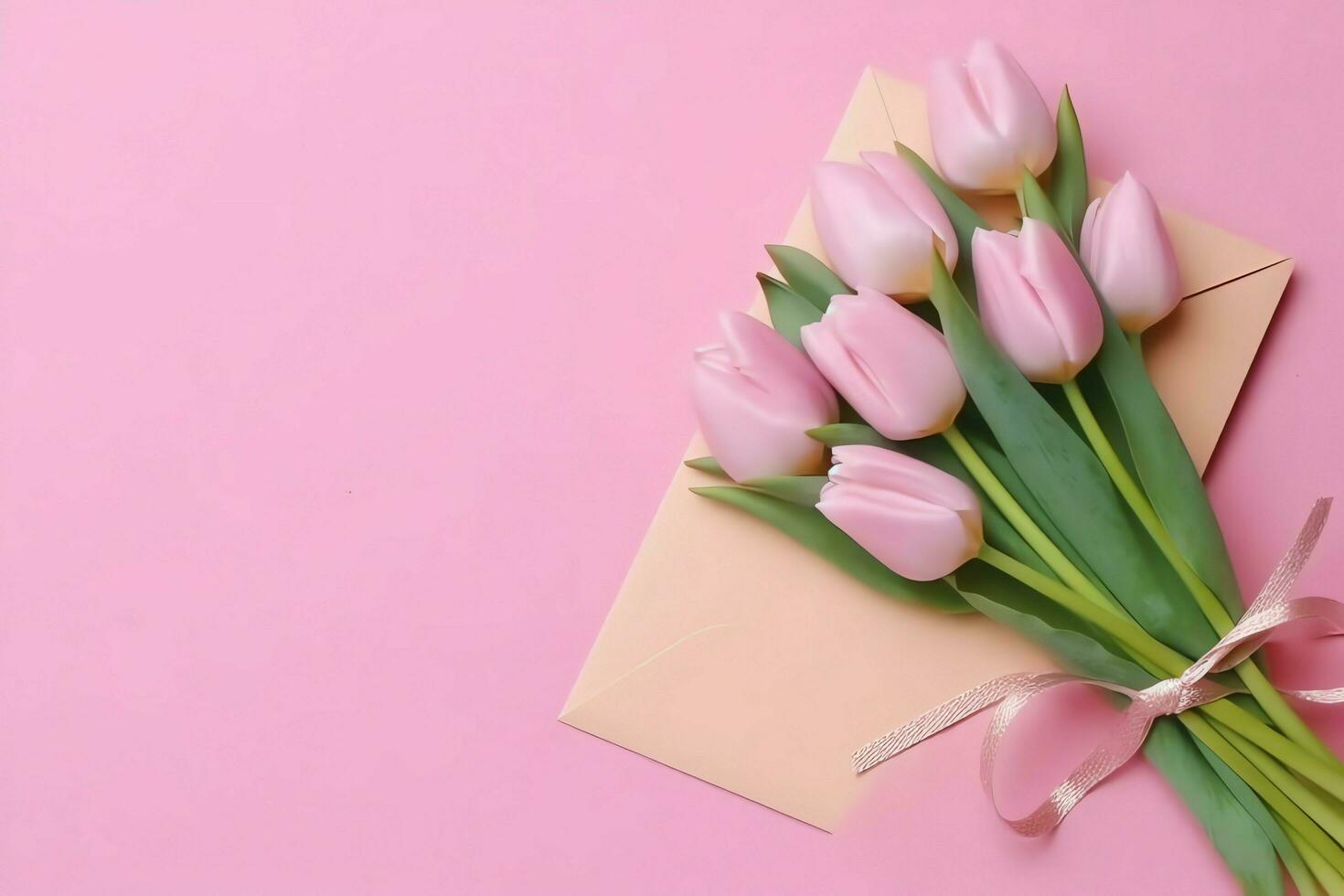 Decorative of tulips flowers bouquet or wrapped gift box. For mothers day or valentine with copyspace concept by AI Generated photo