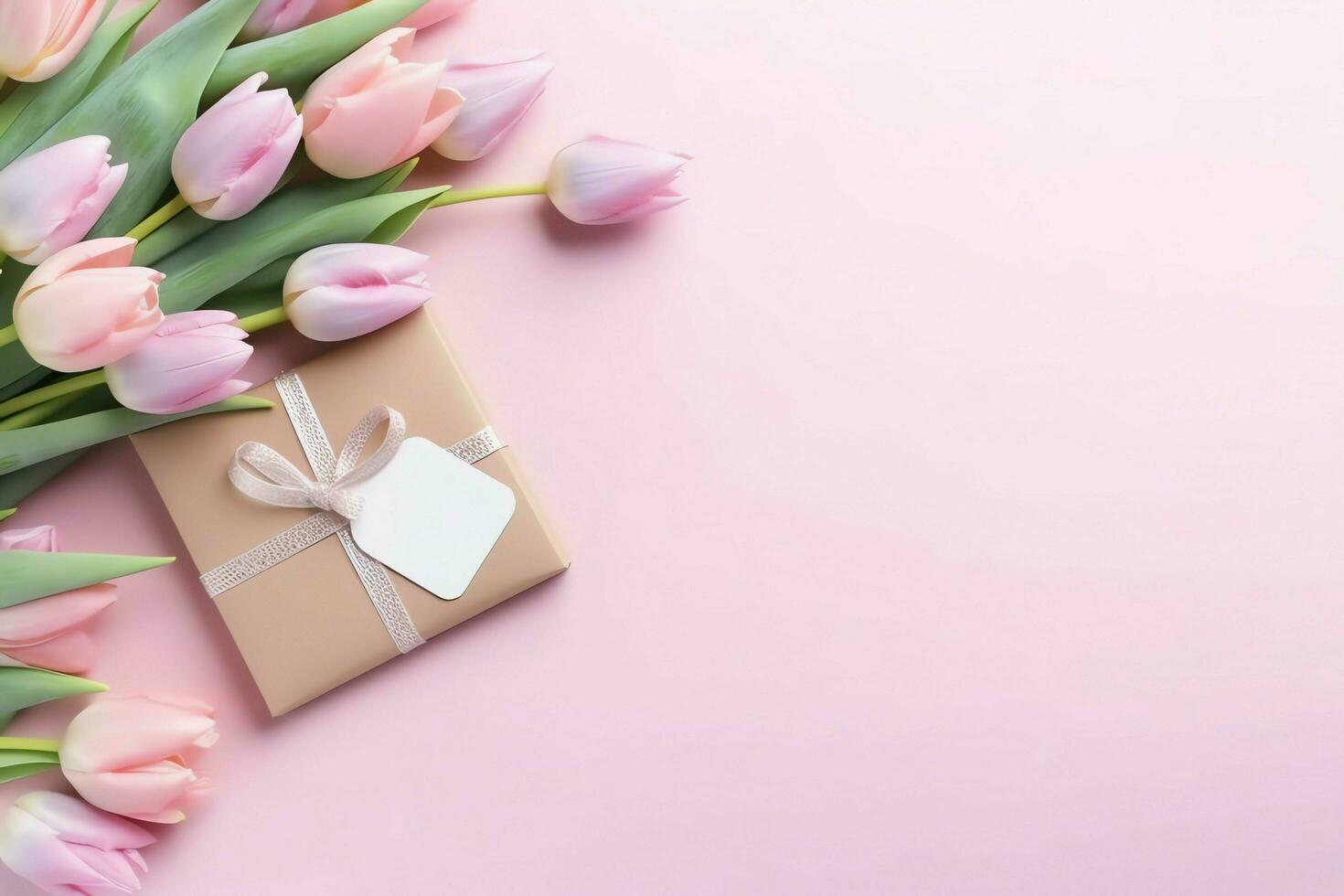 Decorative of tulips flowers bouquet or wrapped gift box. For mothers day or valentine with copyspace concept by AI Generated photo