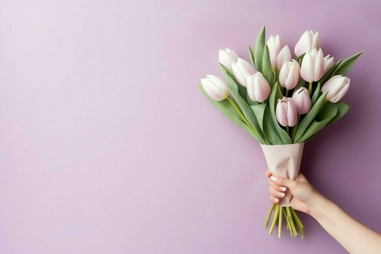 Decorative of tulips flowers bouquet or wrapped gift box. For mothers day or valentine with copyspace concept by AI Generated photo