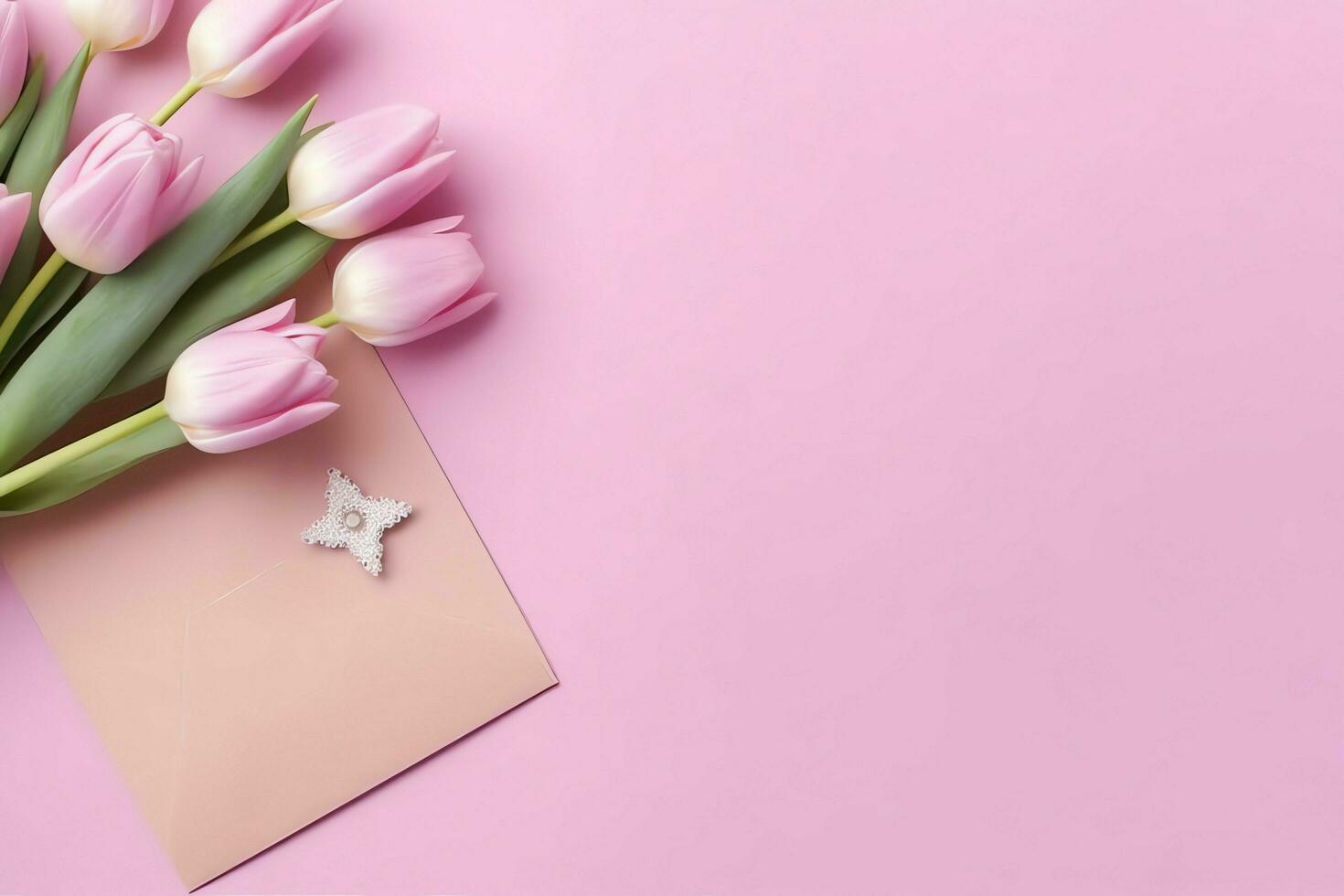 Decorative of tulips flowers bouquet or wrapped gift box. For mothers day or valentine with copyspace concept by AI Generated photo