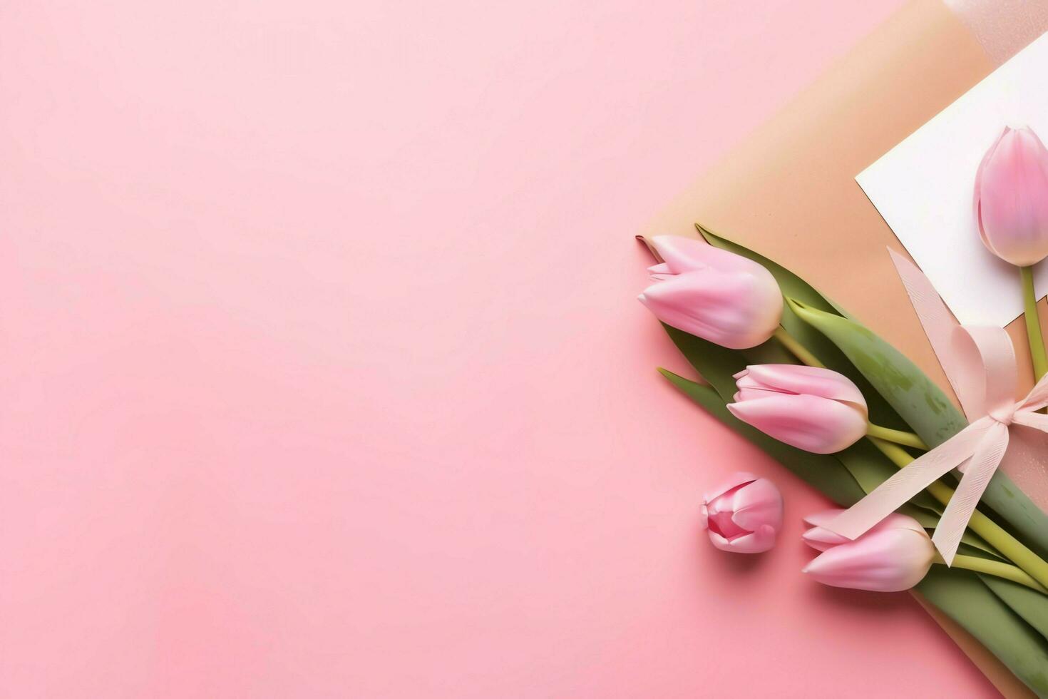 Decorative of tulips flowers bouquet or wrapped gift box. For mothers day or valentine with copyspace concept by AI Generated photo